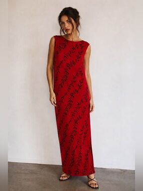 Vintage Byer Studio California Cherry Red Floral Maxi Dress Size 12 Made in USA